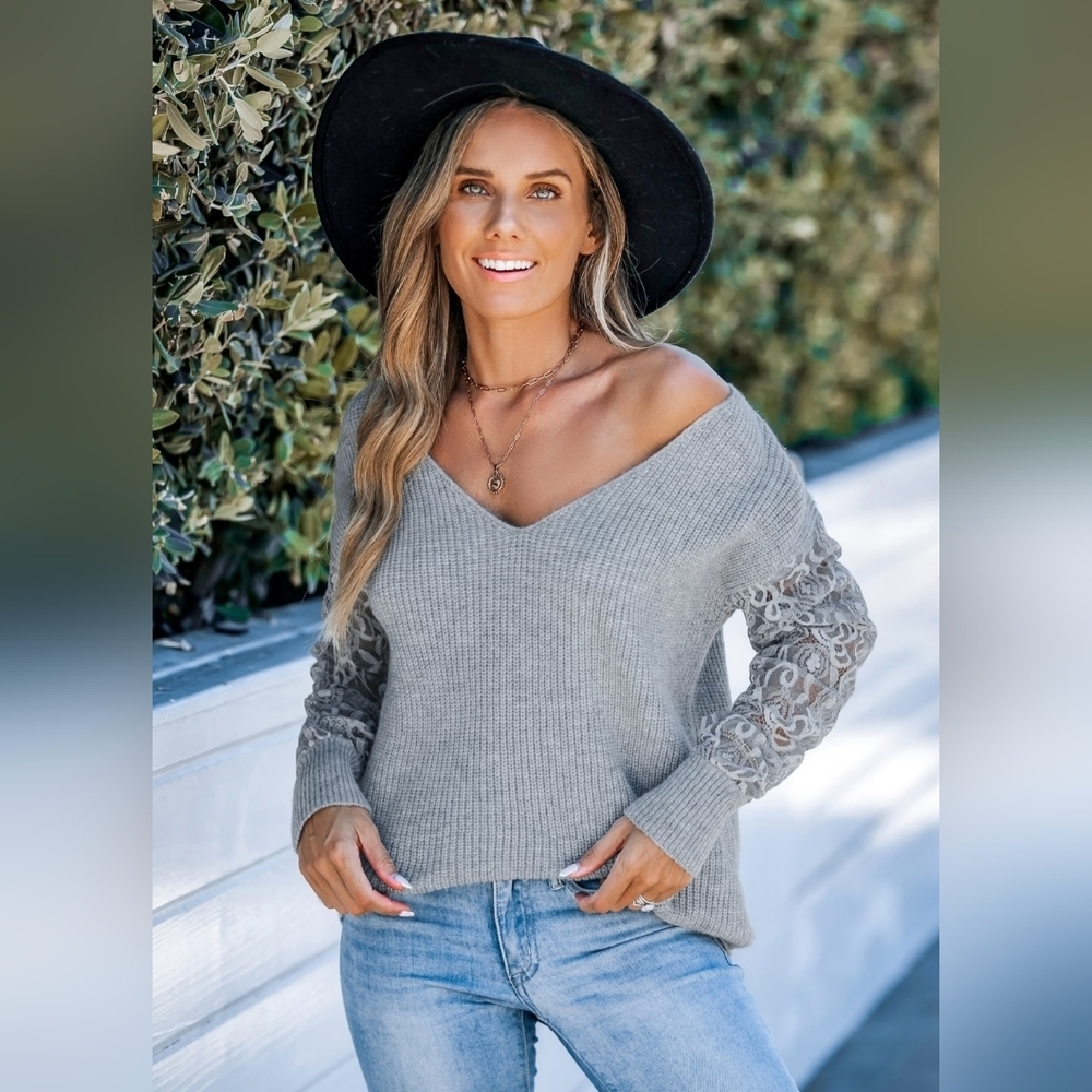 Cupshe Off-the-Shoulder Ribbed Sweater with Sheer Lace Sleeves- In Gray